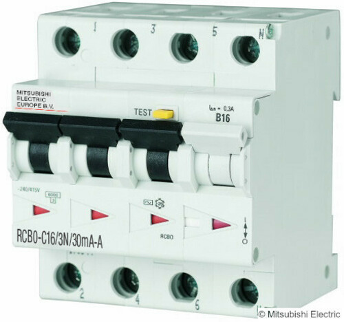Mitsubishi Electric 3N RCBO, C Kurve 6A, 30mA, Type A RCBO-C6/3N/30mA-A Mitsubishi Electric 3N RCBO, C Kurve 6A, 30mA, Type A RCBO-C6/3N/30mA-A