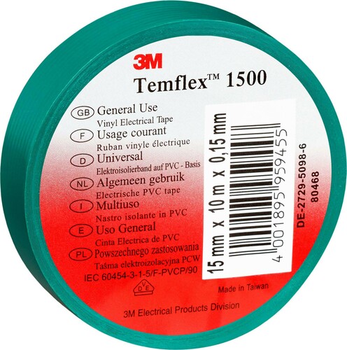 3M Deutschland Vinyl Elektro-Isolierband 15 mm x 10 m, grün TemFlex 1500 15x10#7