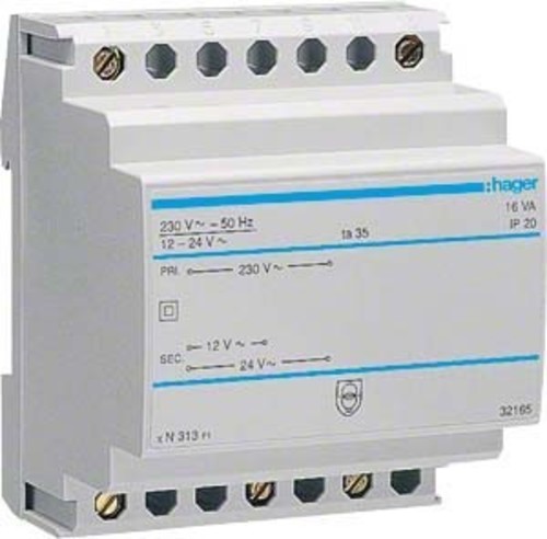 Hager Sicherheitstrafo 12V/1,33Ao.24V/0,67A ST313