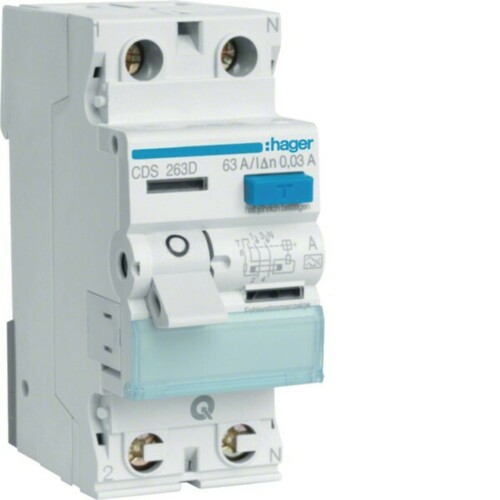 Hager FI-Schutzschalter 2pol.63A/30mA,6kA,QC CDS263D Hager FI-Schutzschalter 2pol.63A/30mA,6kA,QC CDS263D