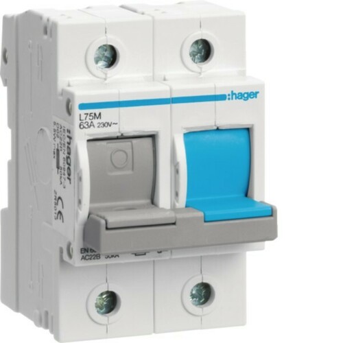 Hager Lasttrennschalter 2polig, 1Ph+N 63A L75M Hager Lasttrennschalter 2polig, 1Ph+N 63A L75M