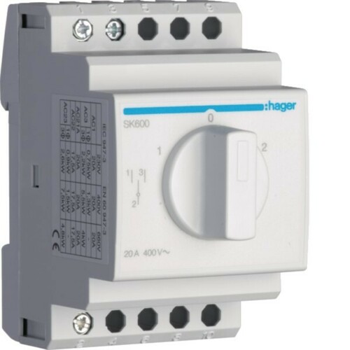 Hager Umschalt. m. Null-Stellung 20A-400V SK600 Hager Umschalt. m. Null-Stellung 20A-400V SK600