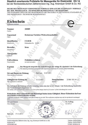 NZR Eich-/Beglaubigungsschein für elektr. Zähler 1996