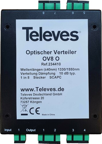 Televes Optischer 8fach Verteiler 10dB, SC/APC OV8O
