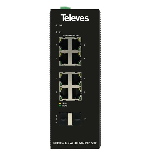 Televes Industrial Ethernet-Switch L2+ 8xGbE (PoE+) SWM8X1000P2S