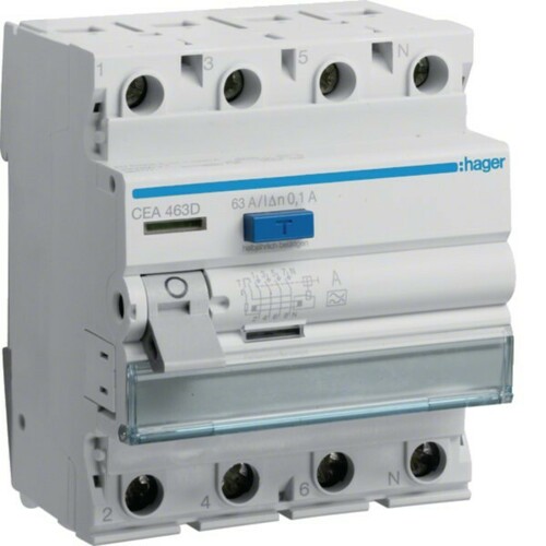 Hager FI-Schutzschalter 4P 63A 100mA CEA463D Hager FI-Schutzschalter 4P 63A 100mA CEA463D