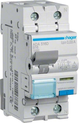 Hager FI/LS-Schalter 1P+N 10kA B-16A 30mA ADA516D