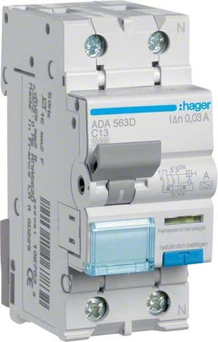 Hager FI/LS-Schalter 1P+N 10kA C-13A 30mA ADA563D