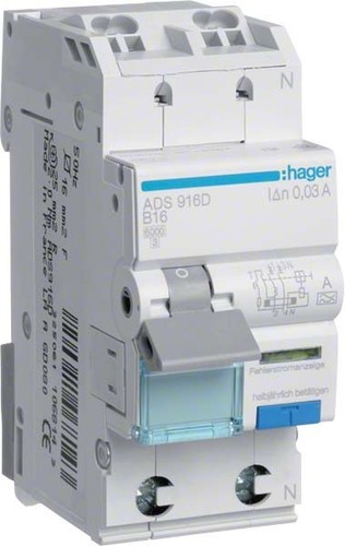Hager FI/LS-Schalter 1P+N 6kA B-13A 30mA ADS913D