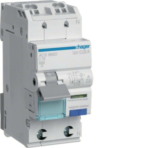 Hager FI/LS-Schalter 1P+N 6kA C-16A 10mA ACS966D Hager FI/LS-Schalter 1P+N 6kA C-16A 10mA ACS966D