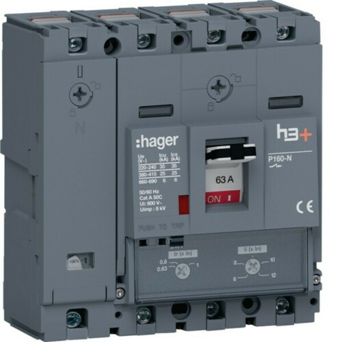 Hager Leistungsschalter h3+ P160 TM ADJ 4P4D 63A 25kA HHS064DC