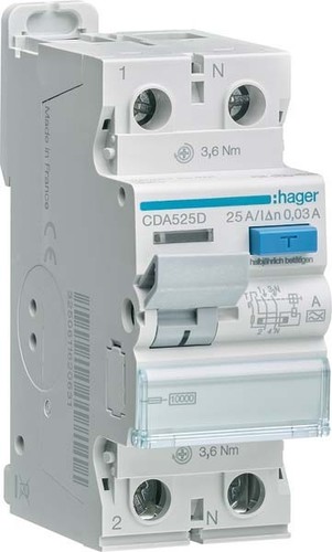 Hager Fehlerstromschutzschalter 2p 10kA 25A 30mA A CDA525D