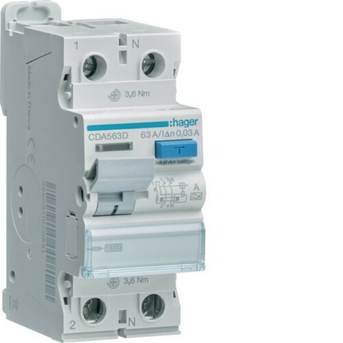 Hager Fehlerstromschutzschalter 2p 10kA 63A 30mA A CDA563D Hager Fehlerstromschutzschalter 2p 10kA 63A 30mA A CDA563D