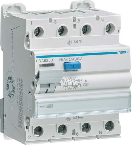 Hager Fehlerstromschutzschalter 4p 10kA 25A 30mA A CDA625D