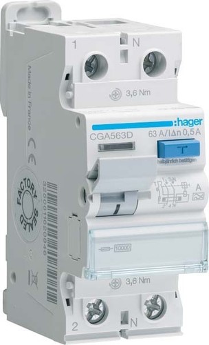 Hager Fehlerstromschutzschalter 2p 10kA 63A 500mA A CGA563D