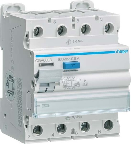 Hager Fehlerstromschutzschalter 4p 10kA 63A 500mA A CGA663D Hager Fehlerstromschutzschalter 4p 10kA 63A 500mA A CGA663D