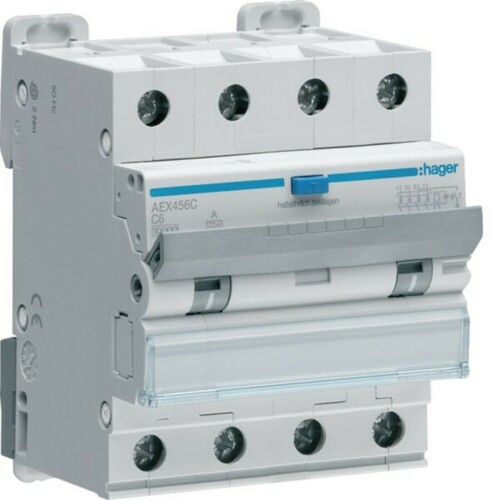 Hager Fehlerstromschutzschalter 4P 10kA C-6A 100mA AEX456C Hager Fehlerstromschutzschalter 4P 10kA C-6A 100mA AEX456C