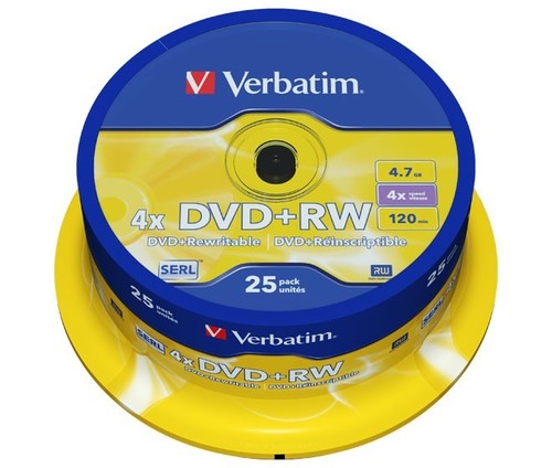Verbatim DVD+RW 4.7GB/120Min/4x Cakebox (25 Disc) 43489 (VE25)