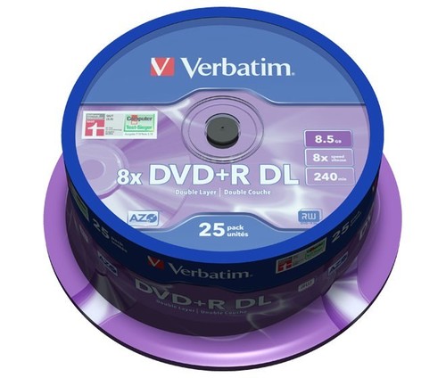 Verbatim DVD+R DL 8.5GB/240Min/8x Cakebox (25 Disc) VERBATIM 43757(VE25)