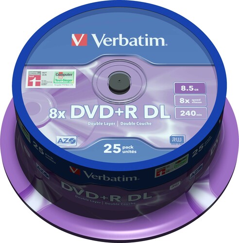 Verbatim DVD+R DL 8.5GB/240Min/8x Cakebox (25 Disc) 43757 (VE25)