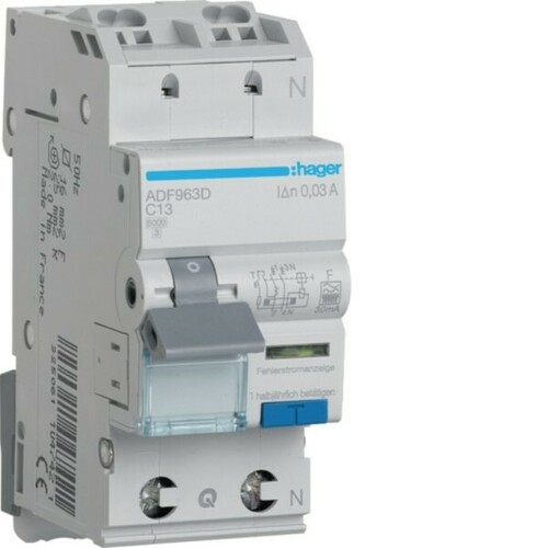 Hager Fehlerstromschutzschalter 1P+N 6kA C-13A 30mA ADF963D