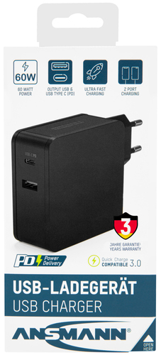 Hückmann Netzladegerät 100V-240V USB, USB-C 60 Watt Home Charger 254PD