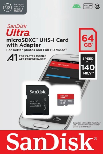 Sandisk microSDXC Card 64GB Ultra,Class10,U1,A1 SANDISK SDSQUAB-064G