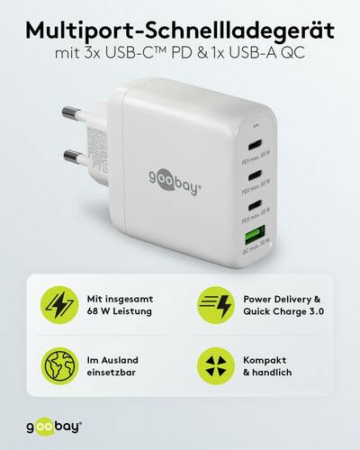 Goobay Multiport-Schnellladegerät USB-C PD GaN,68W,ws 64822 Goobay Multiport-Schnellladegerät USB-C PD GaN,68W,ws 64822