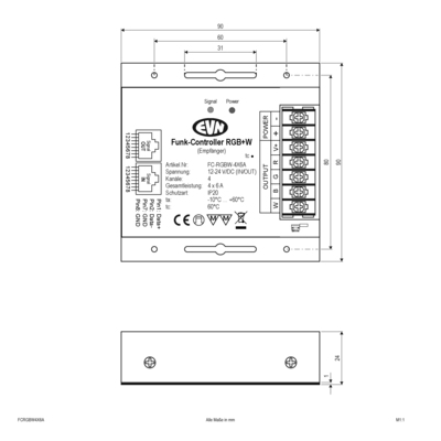 EVN Lichttechnik Funk-Empfänger-Controller 12-24V/DC-4x6A IP20 FCRGBW4X6A