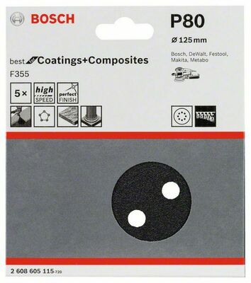 Bosch Power Tools PRO F355 Schleifblatt, 125 mm, 80, 5-tlg. 2608605115