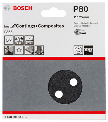 Bosch Power Tools PRO F355 Schleifblatt, 125 mm, 80, 5-tlg. 2608605115