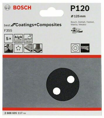 Bosch Power Tools PRO F355 Schleifblatt, 125 mm, 120, 5-tlg. 2608605117