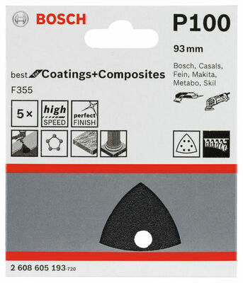 Bosch Power Tools PRO F355 Schleifblatt, 93 mm, G100, 5-tlg. 2608605193
