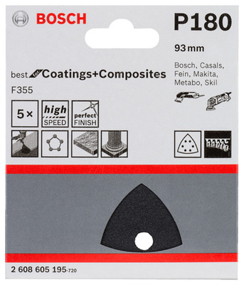 Bosch Power Tools PRO F355 Schleifblatt, 93 mm, G180, 5-tlg. 2608605195