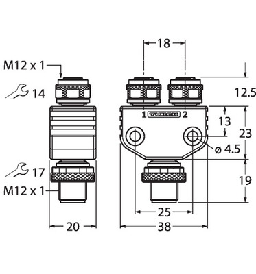 Turck Y-Verterteiler o. Leitung Stecker-2xKupplung VB2-FSM4.4-2FKM4.4