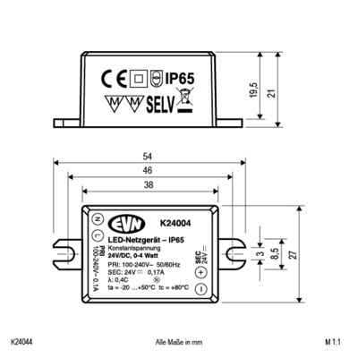 EVN Lichttechnik LED-Netzgerät 24VDC 0,1-4W IP65 K 24004
