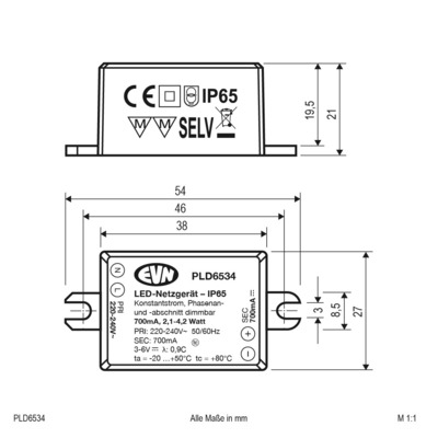 EVN Lichttechnik LED-Netzgerät 700mA 2,1-4,2W IP65 PLD6534