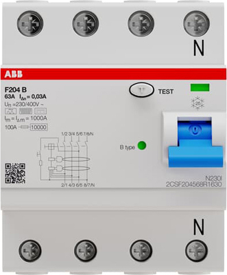 ABB Stotz S&J FI-Schutzschalter TypB 4P 63A,30mA,3kA,4TE F204B-63/0,03-4TE