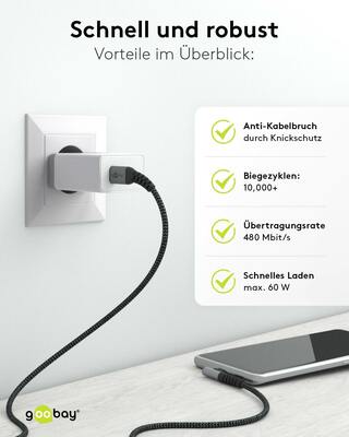 Goobay USB-C>USB-C-Textilkabel 90Grad,0,5m 64658
