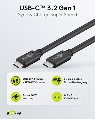 Goobay USB-C-Kabel, USB 3.2 4K/60 Hz,60W,1m 67976