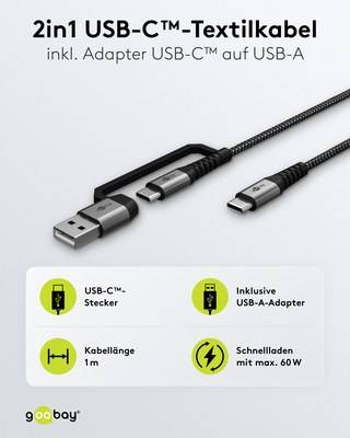 Goobay 2in1 USB-Textilkabel 2m,extrarobust 70278
