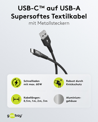 Goobay USB-C>USB-A Textilkabel Supersoft,2m 74527
