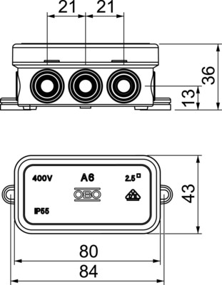 OBO Bettermann Vertr Kabelabzweigkasten 80x43x34mm A 6 HF RO